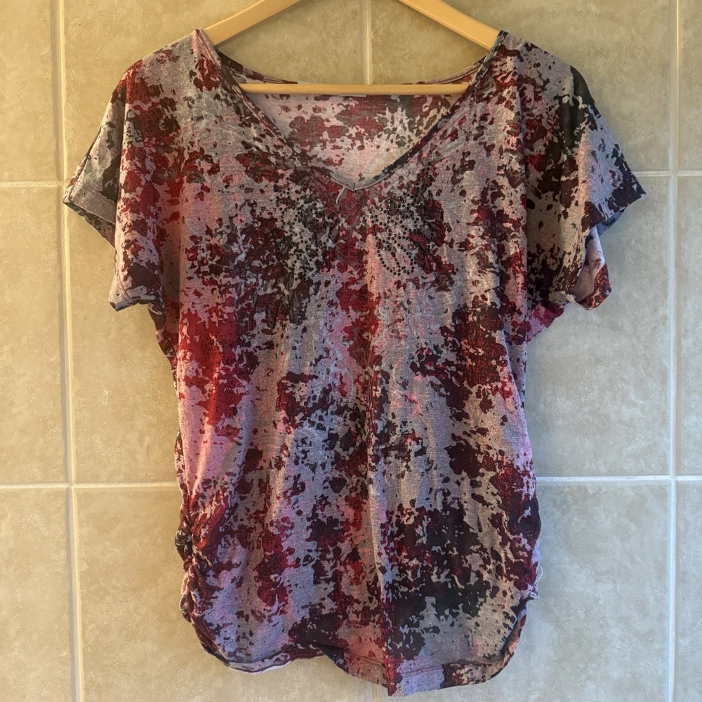 Maurices Womens V-Neck Ruched Tee Top T-Shirt Red Black Y2K‎ Rhinestones